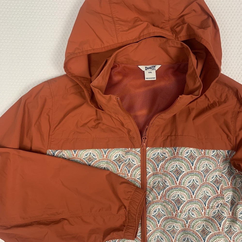 Duluth Trading Go-Go Coat Jacket Women’s XXL Hooded Windbreaker Orange Geometric